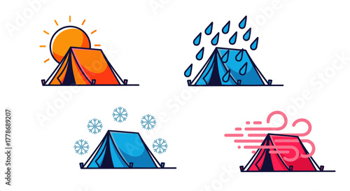 A set of four illustrations showing a camping tent in different weather conditions: sunny, rainy, snowy, and windy.