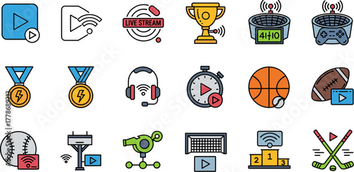 Set of Sports and Live Broadcast Themed Color Line Icons.