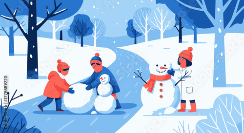 A happy family with children building snowmen together in a snowy winter park illustration.