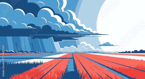 A graphic illustration of a vast red farm field under a dramatic stormy blue sky with rain clouds.