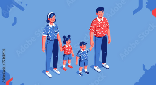 An isometric illustration of a family of four, parents and two children, standing together and holding hands.