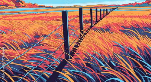 A wire fence stretching into the horizon across a vibrant, sunlit field of golden and red grass.