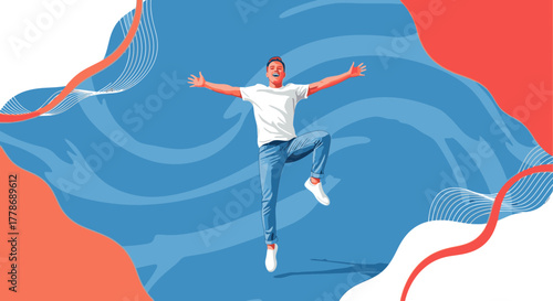 Vector illustration of a happy young man jumping with joy against an abstract blue and red background.