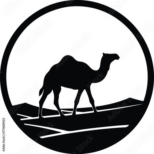 Vector camel walking desert dunes in circle frame silhouette illustration