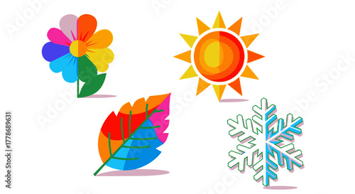 Colorful graphic icons representing the four seasons: a flower for spring, a sun for summer, a leaf for autumn, and a snowflake for winter.