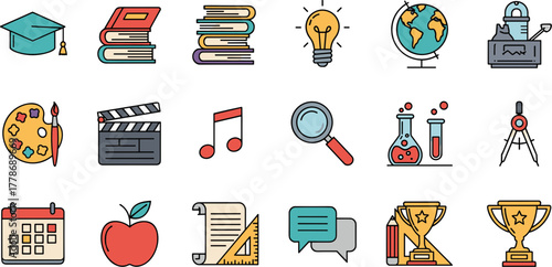 A diverse collection of colorful education and school subject icons on a white background.
