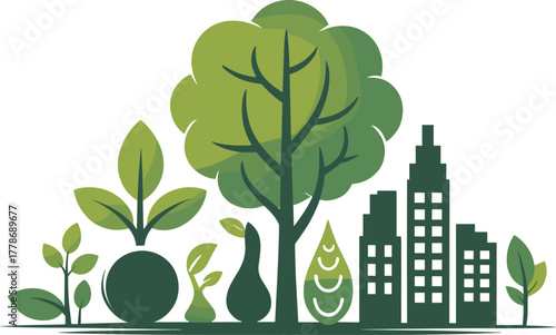Green Eco-City Landscape Illustration with Buildings, Trees, and Plants for Environmental Design