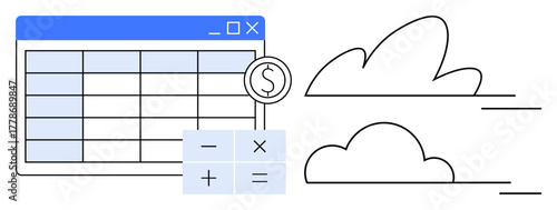 Spreadsheet grid with financial symbol, calculator, and clouds. Ideal for finance, budgeting, cloud computing, calculations, analytics technology and online collaboration. Simple flat metaphor