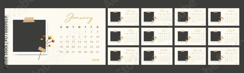 2026 english calendar year template set of horizontal layout pages. Blank photo frame collage design. 