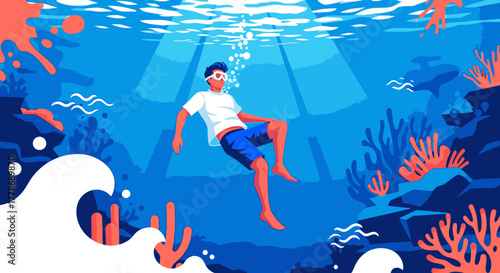 Young man in goggles floating peacefully in a serene underwater ocean world with coral reefs and sunbeams.