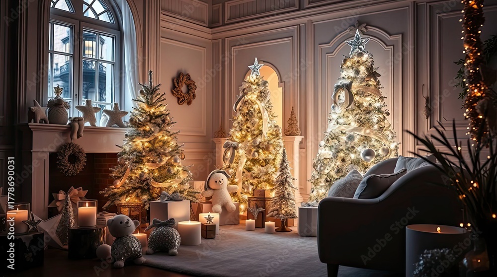 Obraz premium Elegant White and Gold Christmas Decor with Soft Lighting and Iridescent Colors — High Contrast, Low Key Lighting, Adorably Charming with Deep Shadows and Dramatic Effect