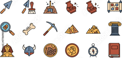 Vector icon set of archaeology paleontology and ancient history artifacts.