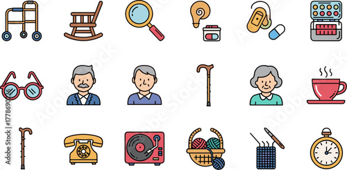 Elderly lifestyle and retirement objects icon set vector illustration.