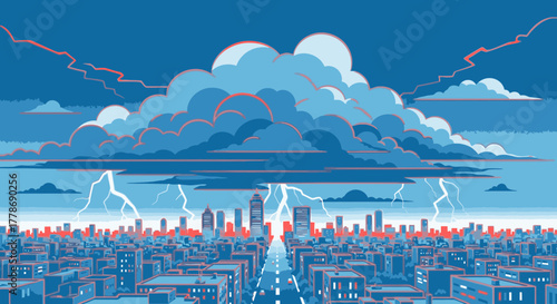 Pixel art illustration of a dramatic thunderstorm with lightning striking over a modern city skyline.