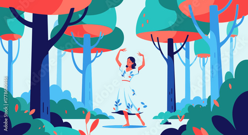 Illustration of a happy woman in a white dress dancing freely in a vibrant and stylized forest.
