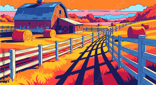 A vibrant, stylized illustration of a rural farm scene with a red barn, white fence, and hay bales at sunset.