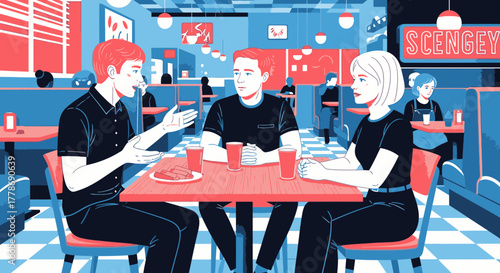 Three young people having a conversation while sitting at a table in a retro-style diner illustration.
