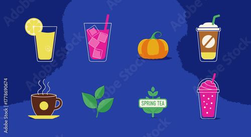 A collection of colorful flat design icons featuring various hot and cold beverages and a pumpkin.