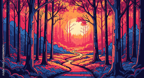 A winding path leads through a vibrant, colorful forest towards a glowing sunset in a stylized digital illustration.