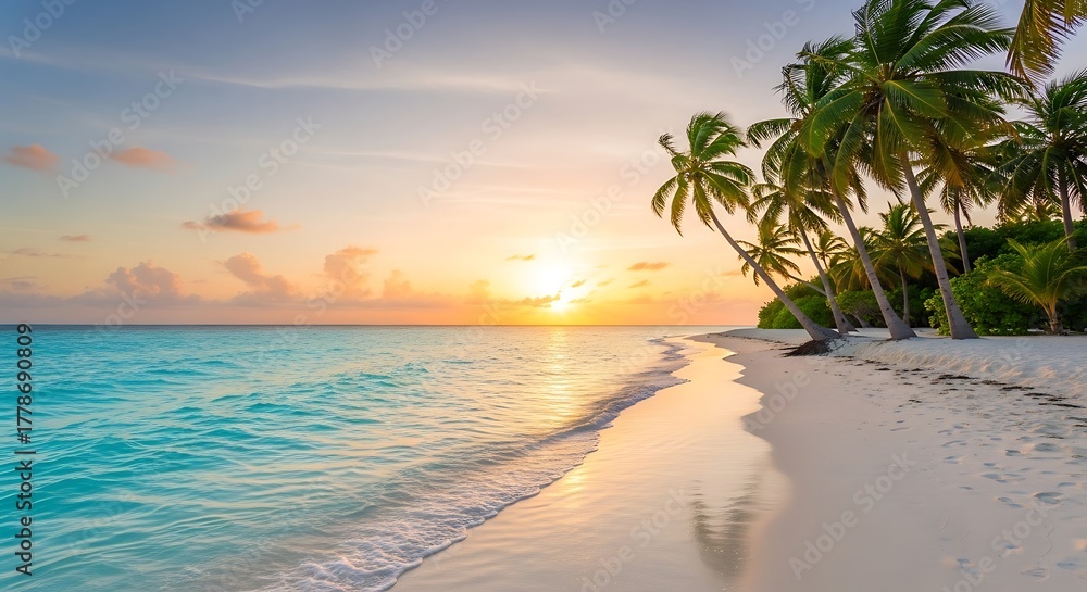 Fototapeta premium Tropical Beach Sunrise with Palm Trees and Turquoise Water.