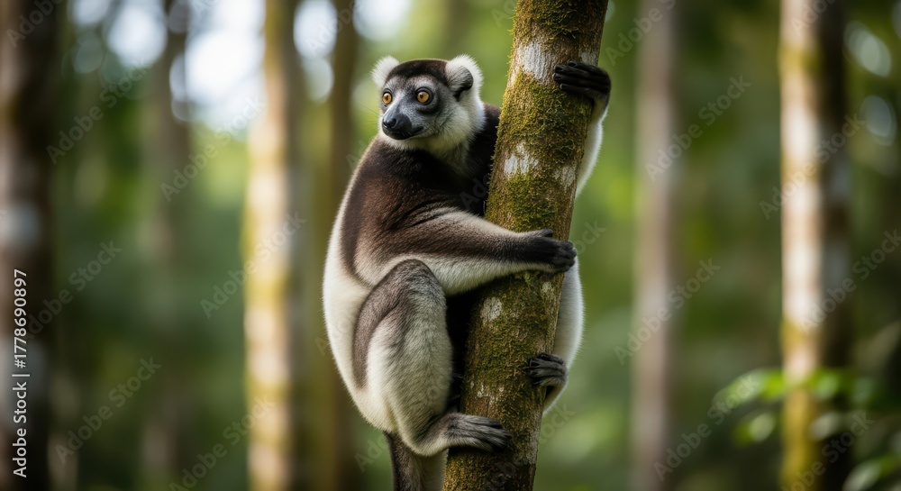 Obraz premium Lemur climbing tree in lush green forest environment