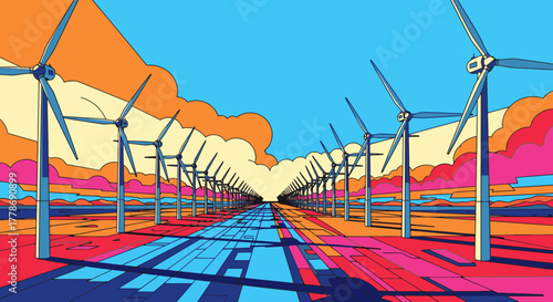 Stylized pop art illustration of a wind farm with rows of turbines stretching into a colorful, psychedelic landscape.