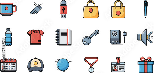 Collection of colorful everyday object icons for web and app design.