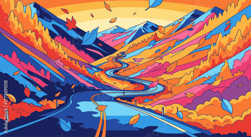 A vibrant, psychedelic illustration of a winding road through a colorful mountain valley in autumn.