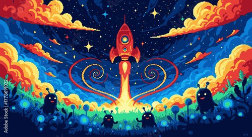 A vibrant pixel art rocket launches into a starry night sky as cute alien creatures watch from a glowing landscape.