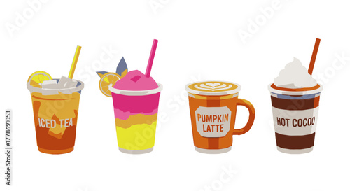 A collection of four illustrated beverages: iced tea, a colorful smoothie, a pumpkin latte, and hot cocoa.