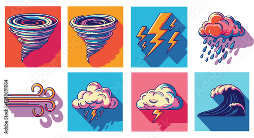A vibrant collection of eight modern weather icons, illustrating severe natural phenomena like tornadoes, storms, wind, and waves.