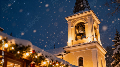 Snow falling on church bell tower during Christmas night in winter, Catholic Christmas, space for text
  
