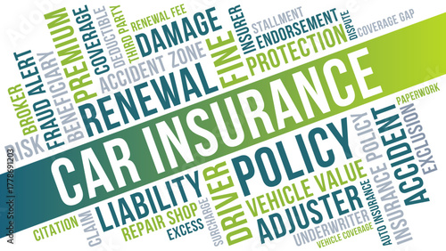 Car insurance policy word cloud, green and blue coverage and renewal term illustration