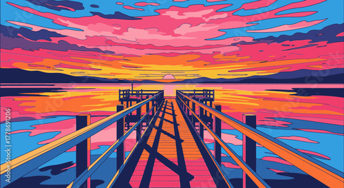 A vibrant, stylized illustration of a wooden pier extending over reflective water towards a colorful sunset.