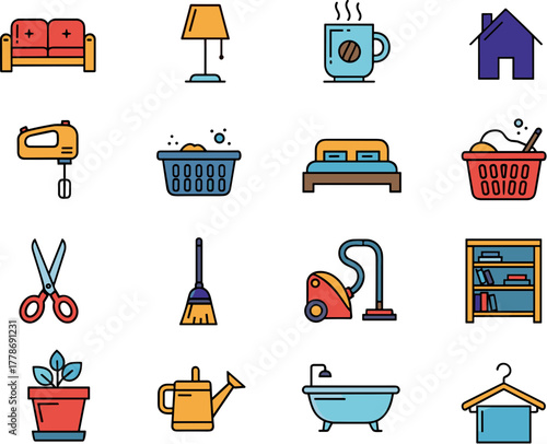 Colorful vector icon set of household items and furniture for domestic life.