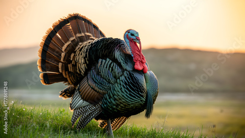 Beautiful wild turkey strutting in a field at sunset wildlife bird photography for thanksgiving day images