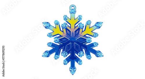A beautiful blue and yellow snowflake Christmas ornament isolated on a clean white background.