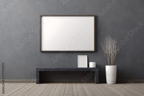 Horizontal mockup frame on black wood textured wall with contrast light