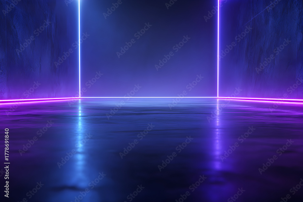 Fototapeta premium Futuristic neon tunnel with glowing blue and purple lights reflecting on a wet floor, creating an abstract and atmospheric cyberpunk environment