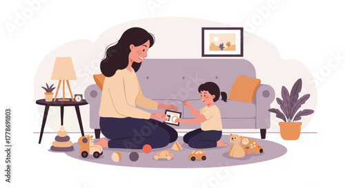Mother and her child playing together inside a cozy living room, toys scattered on the floor