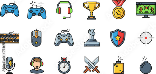 A diverse collection of colorful video game and esports icons isolated on a white background.