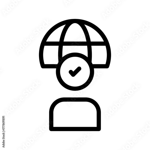 Global Verified User icon set featuring worldwide identity verification, trusted accounts, secure profiles, and authentication in a clean modern line style