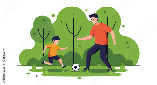 Father and son playing soccer together in a green park