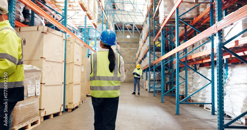Foto Woman, back and inspection at warehouse, logistics and shelf for package, storage or walk for safety check