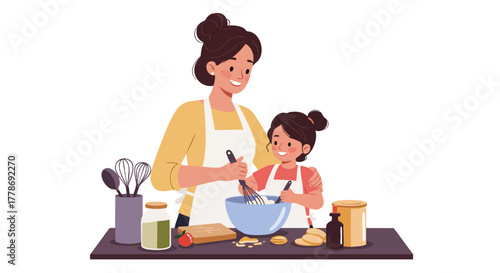 Smiling family mother and daughter child cooking food together indoors in a home kitchen