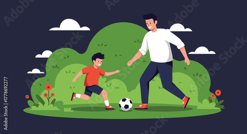 Father and son playing soccer together in a green park