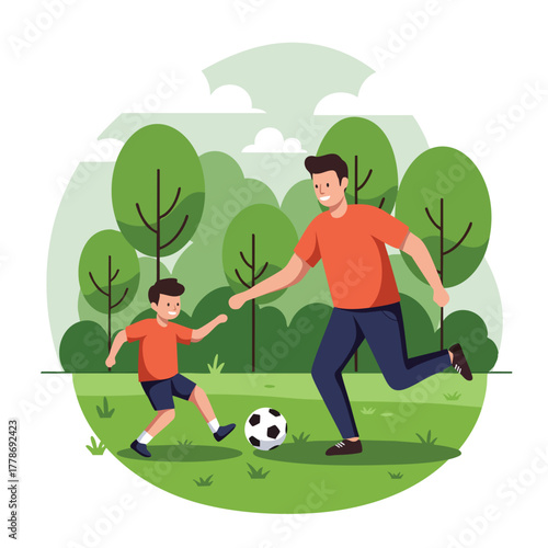 Father and son playing soccer together in a green park