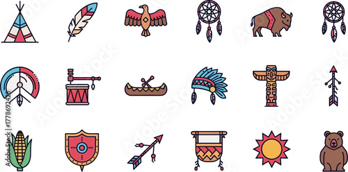 Collection of colorful Native American cultural and tribal icons.