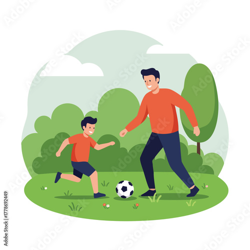 Father and son playing soccer together in a green park