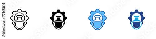 Chemistry Gear Multiple Style Icon Design Vector - round flask inside a gear, symbolizing science, research, and laboratory engineering